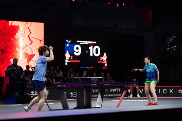 LOS ANGELES, CALIFORNIA - JULY 05: Kuai Man of China reacts in the Women s Singles Semifinal match against Miwa Harimoto of Japan on day 10 of United States Smash 2026 at Ontario Convention Center on July 5, 2026 in Los Angeles, California.  Copyright: xVCGx 111652538235