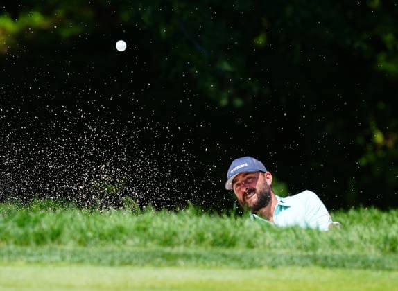 SILVIS, IL - JULY 05: PGA, Golf Herren golfer Stephan Jaegar hits out of a sand trap on the 9th hole during the final round of the John Deere Classic on July 5, 2026, at TPC Deere Run in Silvis, Illinois. (Photo by Brian Spurlock Icon Sportswire) GOLF: JUL 05 PGA John Deere Classic EDITORIAL USE ONLY Icon26070562