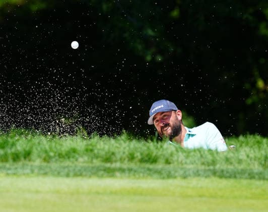 SILVIS, IL - JULY 05: PGA, Golf Herren golfer Stephan Jaegar hits out of a sand trap on the 9th hole during the final round of the John Deere Classic on July 5, 2026, at TPC Deere Run in Silvis, Illinois. (Photo by Brian Spurlock Icon Sportswire) GOLF: JUL 05 PGA John Deere Classic EDITORIAL USE ONLY Icon26070563