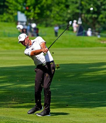 SILVIS, IL - JULY 05: PGA, Golf Herren golfer Troy Merritt plays his second shot on the 18th hole during the final round of the John Deere Classic on July 5, 2026, at TPC Deere Run in Silvis, Illinois. (Photo by Brian Spurlock Icon Sportswire) GOLF: JUL 05 PGA John Deere Classic EDITORIAL USE ONLY Icon26070564