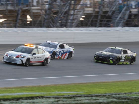 JOLIET, IL - JULY 05: Erik Jones ( 43 LEGACY MOTOR CLUB AdventHealth Toyota) leads the pack during a cation during the NASCAR, Motorsport, USA Cup Series eero 400 on July 5, 2026, at Chicagoland Speedway in Joliet, IL. (Photo by Joseph Weiser Icon Sportswire) AUTO: JUL 05 NASCAR Cup Series eero 400 EDITORIAL USE ONLY Icon260705050400