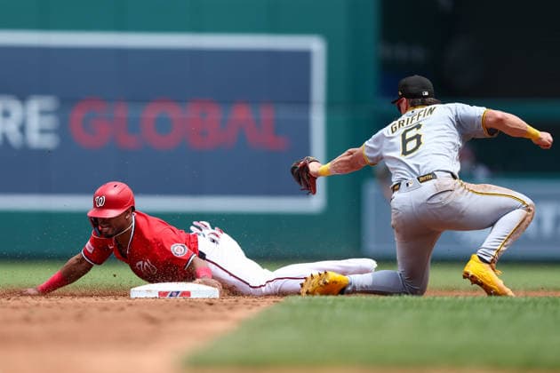 July 5, 2026, Washington D.C, District Of Columbia, United States: Washington, DC; Washington Nationals designated hitter Joso Tena (8) slides into second as Pittsburgh Pirates shortstop Konnor Griffin (6) fields the throw during the Major League Baseball game between the Washington Nationals and the Pittsburgh Pirates at Nationals Park on Sunday, July 5, 2026. The Pirates beat the Nationals 11-5. MLB, Baseball Herren, USA Pittsburgh Pirates 11:5 Washington Nationals  - ZUMAp258 20260705_znp_p258_019 Copyright: xStevexPrakopex