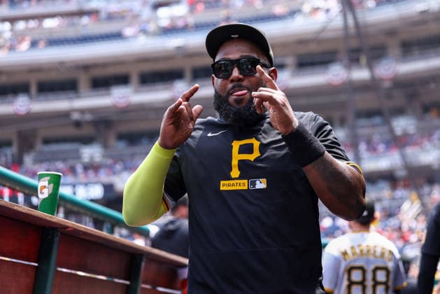 July 5, 2026, Washington D.C, District Of Columbia, United States: Washington, DC; Pittsburgh Pirates designated hitter Marcell Ozuna (24) celebrates in the dugout during the Major League Baseball game between the Washington Nationals and the Pittsburgh Pirates at Nationals Park on Sunday, July 5, 2026. The Pirates beat the Nationals 11-5. MLB, Baseball Herren, USA Pittsburgh Pirates 11:5 Washington Nationals  - ZUMAp258 20260705_znp_p258_021 Copyright: xStevexPrakopex