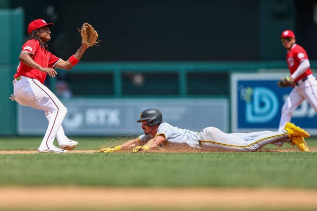 July 5, 2026, Washington D.C, District Of Columbia, United States: Washington, DC; Pittsburgh Pirates shortstop Konnor Griffin (6) steals second base during the Major League Baseball game between the Washington Nationals and the Pittsburgh Pirates at Nationals Park on Sunday, July 5, 2026. The Pirates beat the Nationals 11-5. MLB, Baseball Herren, USA Pittsburgh Pirates 11:5 Washington Nationals  - ZUMAp258 20260705_znp_p258_022 Copyright: xStevexPrakopex