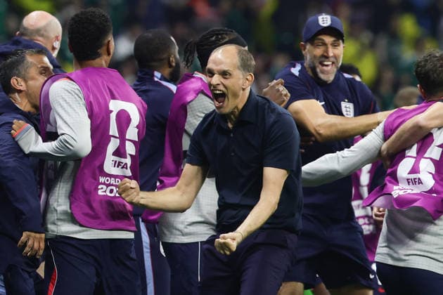 Thomas Tuchel Head coach of England celebrates the second goal scored by Jude Bellingham of England during the FIFA World Cup, WM, Weltmeisterschaft, Fussball 2026 last 16 match between Mexico and England at the Estadio Azteca, Mexico City, Mexico on 5 July 2026. Copyright: xPeterxDovganx 45230028