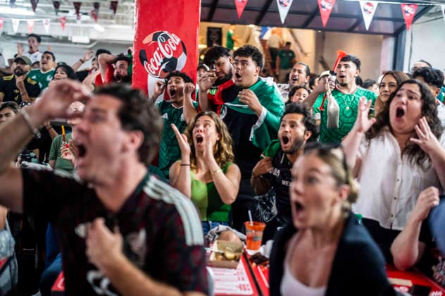 July 5, 2026, Los Angeles, California, USA: Soccer fans react while watching a live broadcast of the FIFA World Cup, WM, Weltmeisterschaft, Fussball Round of 32 soccer match between Mexico and England at a watch party in Los Angeles, on Sunday, July 5, 2026. World Cup Soccer Reaction: Mexico Vs England  - ZUMAc68_ 20260705_zaf_c68_003 Copyright: xRingoxChiux