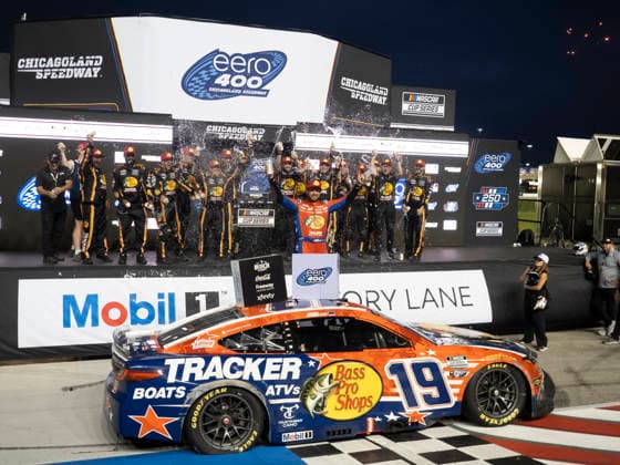 JOLIET, IL - JULY 05: Chase Briscoe ( 19 Joe Gibbs Racing Bass Pro Shops Toyota) celebrates after winning the NASCAR, Motorsport, USA Cup Series eero 400 on July 5, 2026, at Chicagoland Speedway in Joliet, IL. (Photo by Joseph Weiser Icon Sportswire) AUTO: JUL 05 NASCAR Cup Series eero 400 EDITORIAL USE ONLY Icon260705053400