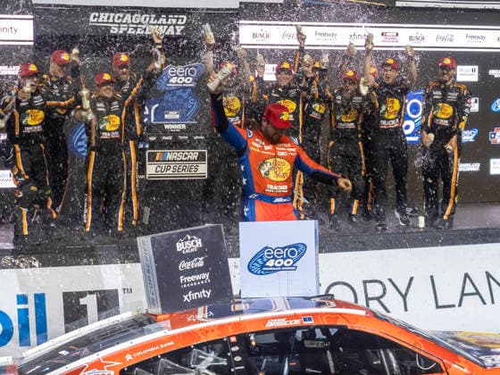 JOLIET, IL - JULY 05: Chase Briscoe ( 19 Joe Gibbs Racing Bass Pro Shops Toyota) celebrates after winning the NASCAR, Motorsport, USA Cup Series eero 400 on July 5, 2026, at Chicagoland Speedway in Joliet, IL. (Photo by Joseph Weiser Icon Sportswire) AUTO: JUL 05 NASCAR Cup Series eero 400 EDITORIAL USE ONLY Icon260705054400