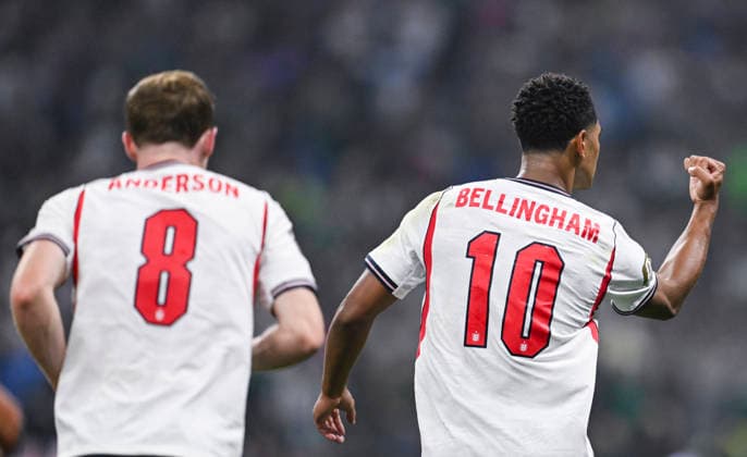 (260706) -- MEXICO CITY, July 6, 2026 -- Jude Bellingham (R) of England celebrate scoring during the round of 16 match between Mexico and England at the 2026 FIFA World Cup, WM, Weltmeisterschaft, Fussball at the Mexico City Stadium, Mexico, July 5, 2026. ) (SP)MEXICO-MEXICO CITY-FOOTBALL-FIFA WORLD CUP-ROUND OF 16-MEX VS ENG WuxWei 