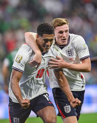 (260706) -- MEXICO CITY, July 6, 2026 -- Jude Bellingham (L) and Elliot Anderson of England celebrate scoring during the round of 16 match between Mexico and England at the 2026 FIFA World Cup, WM, Weltmeisterschaft, Fussball at the Mexico City Stadium, Mexico, July 5, 2026. ) (SP)MEXICO-MEXICO CITY-FOOTBALL-FIFA WORLD CUP-ROUND OF 16-MEX VS ENG WuxWei 