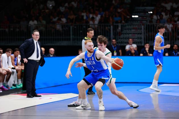 IPA86424158 - 01 Nico Mannion (2001, 191, Point Guard, EA7 Emporio Armani Milano) FIBA Basketball World Cup 2027 European Qualifiers: Italy vs. Lithuania, Bologna, July 5, 2026, during the FIBA World Cup 2027 European Qualifiers - Italy vs. Lithuania, FIBA World Cup in Bologna, Italy, July 5, 2026  Copyright: xValentinoxOrsini IPAxSportx xx 86424158