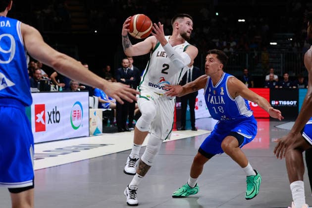 IPA86424147 - 02 Margiris Normantas (1999, 194, Guard, Bilbao – Spain) FIBA Basketball World Cup 2027 European Qualifiers Italy vs. Lithuania, Bologna, July 5, 2026 18 Matteo Spagnolo (2003, 193, Guard, Baskonia – Spain) FIBA Basketball World Cup 2027 European Qualifiers Italy vs. Lithuania, Bologna, July 5, 2026, during the FIBA World Cup 2027 European Qualifiers – Italy vs. Lithuania, FIBA World Cup in Bologna, Italy, July 5, 2026  Copyright: xValentinoxOrsini IPAxSportx xx 86424147