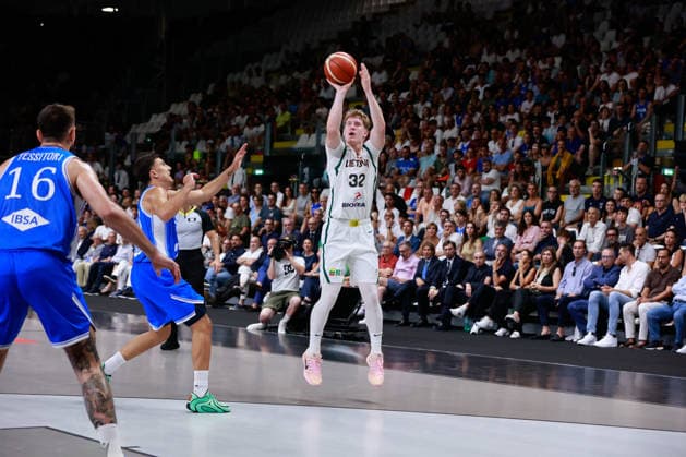 IPA86424189 - 32 Kasparas Jakucionis (2006, 198, Point Guard, Miami Heat – NBA, Basketball Herren, USA FIBA Basketball World Cup 2027 European Qualifiers: Italy vs. Lithuania, Bologna, July 5, 2026, during the FIBA World Cup 2027 European Qualifiers - Italy vs. Lithuania, FIBA World Cup in Bologna, Italy, July 5, 2026  Copyright: xValentinoxOrsini IPAxSportx xx 86424189
