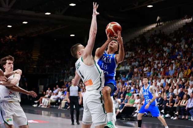 IPA86424545 - 18 Matteo Spagnolo (2003, 193, Guard, Baskonia – Spain) FIBA Basketball World Cup 2027 European Qualifiers Italy vs. Lithuania, Bologna, July 5, 2026 01l Marek Blazevic (2001, 209, Center, Zalgiris Kaunas) FIBA Basketball World Cup 2027 European Qualifiers Italy vs. Lithuania, Bologna, July 5, 2026, during the FIBA World Cup 2027 European Qualifiers - Italy vs. Lithuania, FIBA World Cup in Bologna, Italy, July 5, 2026  Copyright: xValentinoxOrsini IPAxSportx xx 86424545