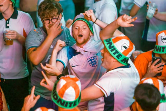 06 07 2026. London, United Kingdom. England Fans Box Park Wembley. Enland fans watch England v Mexico in the small hours on the big screen at Boxpark Wembley.  xMartynxWheatleyx xixImagesx IIM-26886-0013