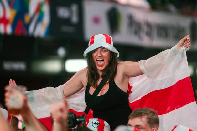06 07 2026. London, United Kingdom. England Fans Box Park Wembley. Enland fans watch England v Mexico in the small hours on the big screen at Boxpark Wembley.  xMartynxWheatleyx xixImagesx IIM-26886-0017