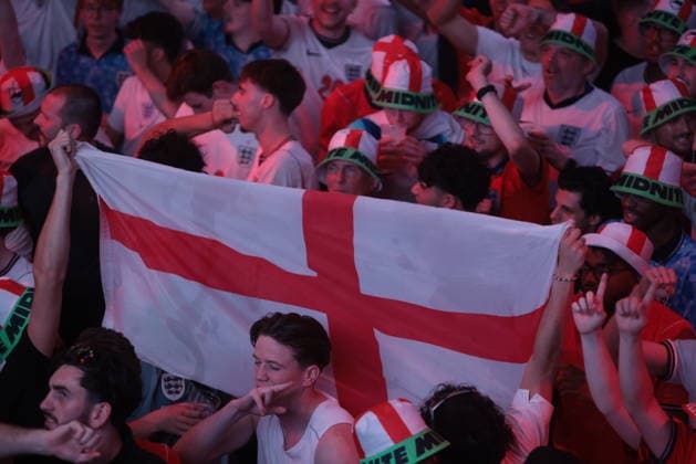 06 07 2026. London, United Kingdom. England Fans Box Park Wembley. Enland fans watch England v Mexico in the small hours on the big screen at Boxpark Wembley.  xMartynxWheatleyx xixImagesx IIM-26886-0024