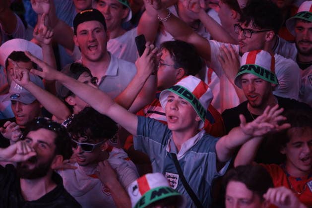 06 07 2026. London, United Kingdom. England Fans Box Park Wembley. Enland fans watch England v Mexico in the small hours on the big screen at Boxpark Wembley.  xMartynxWheatleyx xixImagesx IIM-26886-0025