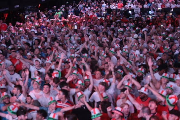 06 07 2026. London, United Kingdom. England Fans Box Park Wembley. Enland fans watch England v Mexico in the small hours on the big screen at Boxpark Wembley.  xMartynxWheatleyx xixImagesx IIM-26886-0026
