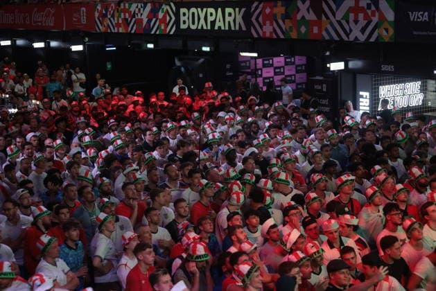 06 07 2026. London, United Kingdom. England Fans Box Park Wembley. Enland fans watch England v Mexico in the small hours on the big screen at Boxpark Wembley.  xMartynxWheatleyx xixImagesx IIM-26886-0027