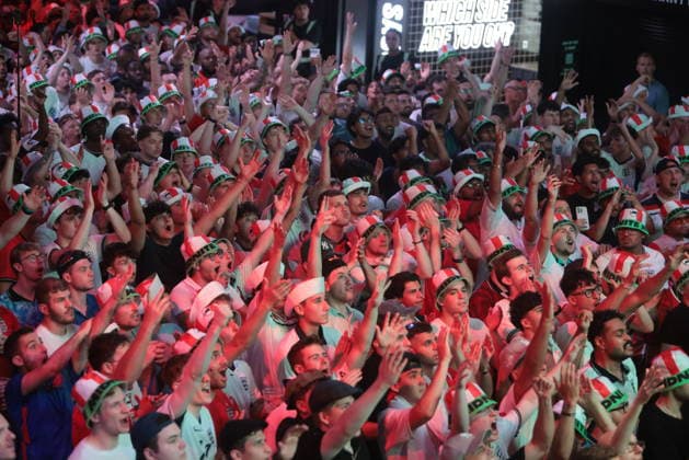 06 07 2026. London, United Kingdom. England Fans Box Park Wembley. Enland fans watch England v Mexico in the small hours on the big screen at Boxpark Wembley.  xMartynxWheatleyx xixImagesx IIM-26886-0028