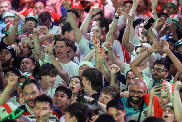 06 07 2026. London, United Kingdom. England Fans Box Park Wembley. Enland fans watch England v Mexico in the small hours on the big screen at Boxpark Wembley.  xMartynxWheatleyx xixImagesx IIM-26886-0037