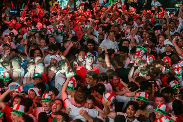 06 07 2026. London, United Kingdom. England Fans Box Park Wembley. Enland fans watch England v Mexico in the small hours on the big screen at Boxpark Wembley.  xMartynxWheatleyx xixImagesx IIM-26886-0044