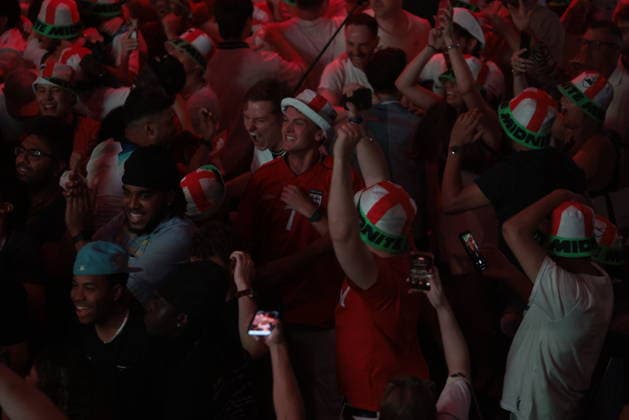 06 07 2026. London, United Kingdom. England Fans Box Park Wembley. Enland fans watch England v Mexico in the small hours on the big screen at Boxpark Wembley.  xMartynxWheatleyx xixImagesx IIM-26886-0051