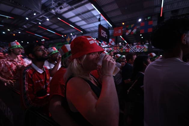 06 07 2026. London, United Kingdom. England Fans Box Park Wembley. Enland fans watch England v Mexico in the small hours on the big screen at Boxpark Wembley.  xMartynxWheatleyx xixImagesx IIM-26886-0054
