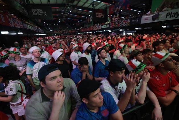 06 07 2026. London, United Kingdom. England Fans Box Park Wembley. Enland fans watch England v Mexico in the small hours on the big screen at Boxpark Wembley.  xMartynxWheatleyx xixImagesx IIM-26886-0056