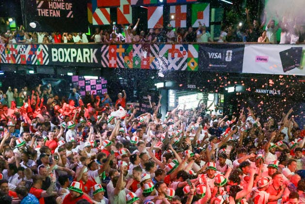 06 07 2026. London, United Kingdom. England Fans Box Park Wembley. Enland fans watch England v Mexico in the small hours on the big screen at Boxpark Wembley.  xMartynxWheatleyx xixImagesx IIM-26886-0064