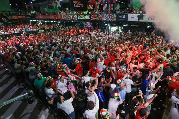 06 07 2026. London, United Kingdom. England Fans Box Park Wembley. Enland fans watch England v Mexico in the small hours on the big screen at Boxpark Wembley.  xMartynxWheatleyx xixImagesx IIM-26886-0065