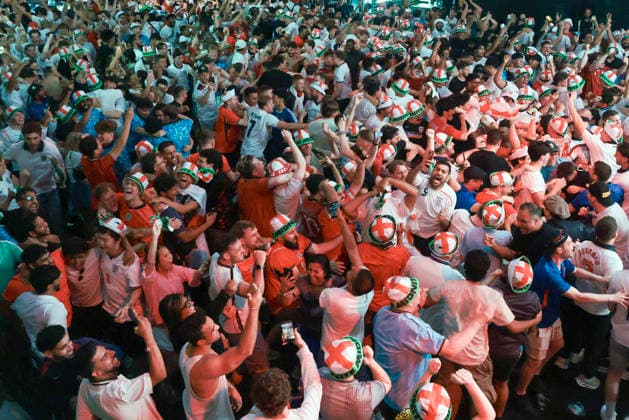 06 07 2026. London, United Kingdom. England Fans Box Park Wembley. Enland fans watch England v Mexico in the small hours on the big screen at Boxpark Wembley.  xMartynxWheatleyx xixImagesx IIM-26886-0067