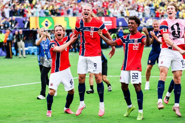 July 5, 2026, East Rutherford, Nj, United States: Erling Haaland player of Norway celebrates qualifying for the quarterfinals after defeating Brazil 2-1 to the Round of 16 match at the FIFA World Cup, WM, Weltmeisterschaft, Fussball at New York New Jersey Stadium, in East Rutherford, United States, on Sunday, July 05, 2026. East Rutherford United States - ZUMAv122 20260705_aap_v122_153 Copyright: xWilliamxVolcovx