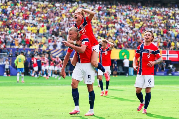 July 5, 2026, East Rutherford, Nj, United States: Erling Haaland player of Norway celebrates his second goal during the Round of 16 match between Brazil and Norway at the FIFA World Cup, WM, Weltmeisterschaft, Fussball at New York New Jersey Stadium, in East Rutherford, United States, on Sunday, July 05, 2026. East Rutherford United States - ZUMAv122 20260705_aap_v122_186 Copyright: xWilliamxVolcovx