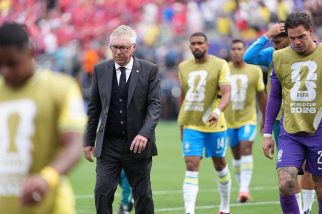 Brazil head coach Carlo Ancelotti of the World Cup round of 16 soccer match between Brazil and Norway in East Rutherford, N.J., near New York, Sunday, July 5, 2026. Noxthirdxpartyxsales  aflo_337030316 AyanoxMiurax