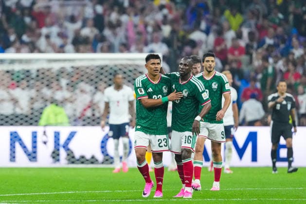 Julian Quinones of Mexico celebrates after scoring the team s first goal during the FIFA Men’s World Cup 2026 round of 16 football match between Mexico and England at Mexico City Stadium, in Mexico City on July 5th 2026 (Photo by Alexandra Fechete SPP)  Copyright: xAlexandraxFechete SPPx Sportspressphoto_SPR185813