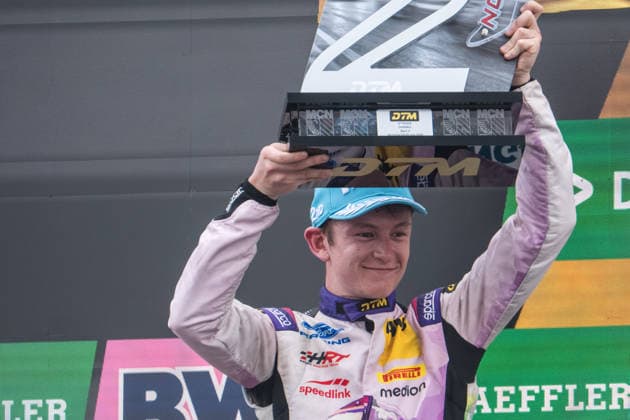 05.07.2026, GER, Motorsport, ADAC DTM, Saison 2026, Norisring Finn Wiebelhaus ( Deutschland, Haupt Racing Team HRT, Ford Mustang GT3, 64 ) jubelt auf dem Podium des Sonntagsrennens der DTM am Norisring *** July 5, 2026, GER, Motorsports, ADAC DTM, 2026 Season, Norisring, Finn Wiebelhaus, Germany, Haupt Racing Team (HRT), Ford Mustang GT3, No. 64 celebrates on the podium after Sunday s DTM race at the Norisring nordphotoxGmbHx xKnab NP_0100