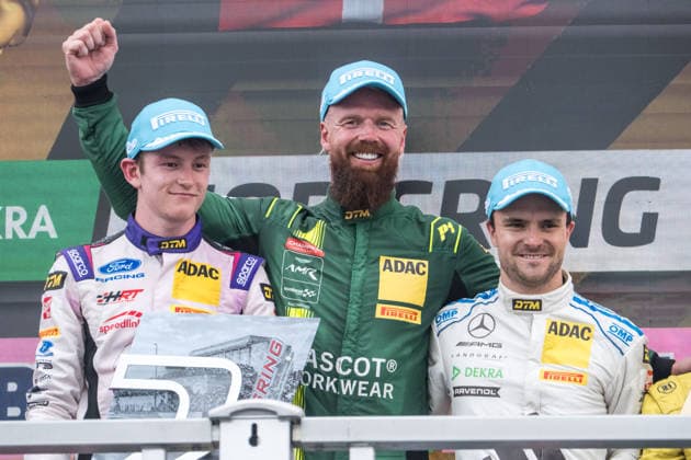 05.07.2026, GER, Motorsport, ADAC DTM, Saison 2026, Norisring Rennsieger Nicki Thiim ( Dänemark, Comtoyou Racing, Aston Martin Vantage GT3, 007 ), zweitplatzierter Finn Wiebelhaus ( Deutschland, Haupt Racing Team HRT, Ford Mustang GT3, 64 ) und drittplatzierter Lucas Auer ( Österreich, Mercedes-AMG Team Landgraf, Mercedes-AMG GT3, 22 ) jubeln auf dem Podium beim Sonntagsrennen der DTM *** July 5, 2026, GER, Motorsports, ADAC DTM, 2026 Season, Norisring Race Winner Nicki Thiim (Denmark), Comtoyou Racing, Aston Martin Vantage GT3, 007, runner-up Finn Wiebelhaus of Germany, Haupt Racing Team (HRT), Ford Mustang GT3, 64, and third-place finisher Lucas Auer of Austria, Mercedes AMG Team Landgraf, Mercedes AMG GT3, 22, celebrate on the podium at Sunday’s DTM race nordphotoxGmbHx xKnab NP_0100