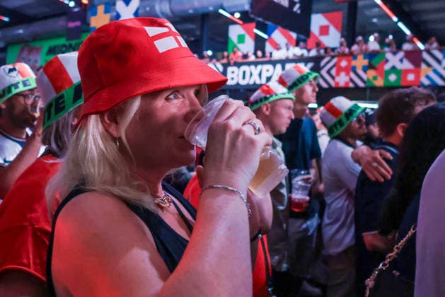 06 07 2026. London, United Kingdom. England Fans Box Park Wembley. Enland fans watch England v Mexico in the small hours on the big screen at Boxpark Wembley.  xMartynxWheatleyx xixImagesx IIM-26886-0074