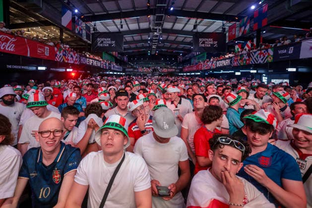 06 07 2026. London, United Kingdom. England Fans Box Park Wembley. Enland fans watch England v Mexico in the small hours on the big screen at Boxpark Wembley.  xMartynxWheatleyx xixImagesx IIM-26886-0076