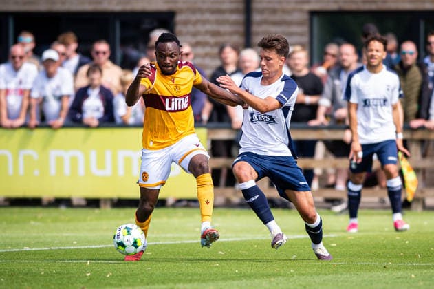 Aarhus GF v Motherwell FC, pre-season test match, Aarhus, Denmark Aarhus, Denmark. 05th, July 2026. Regan Charles-Cook (L) of Motherwell FC and Luka Callo (R) of Aarhus GF seen during a pre-season test match between Aarhus GF and Motherwell FC at the AGF training facility Fredensvang in Aarhus Denmark, Aarhus, Fredensvang  Copyright: xGonzalesxPhoto MortenxKjaerx