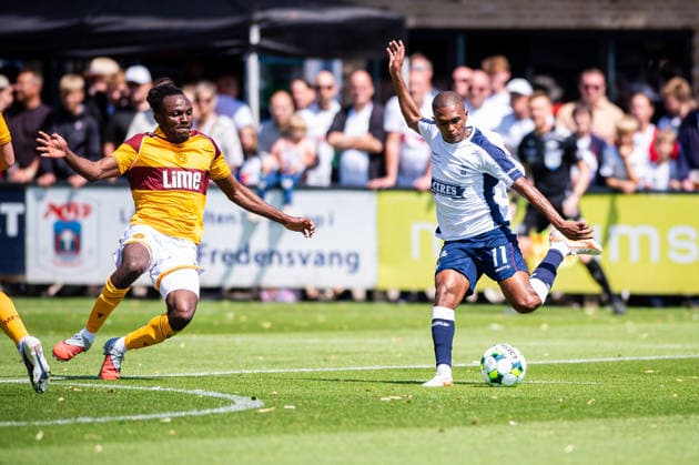 Aarhus GF v Motherwell FC, pre-season test match, Aarhus, Denmark Aarhus, Denmark. 05th, July 2026. Gift Links (11) of Aarhus GF and Regan Charles-Cook (L) of Motherwell FC seen during a pre-season test match between Aarhus GF and Motherwell FC at the AGF training facility Fredensvang in Aarhus Denmark, Aarhus, Fredensvang  Copyright: xGonzalesxPhoto MortenxKjaerx