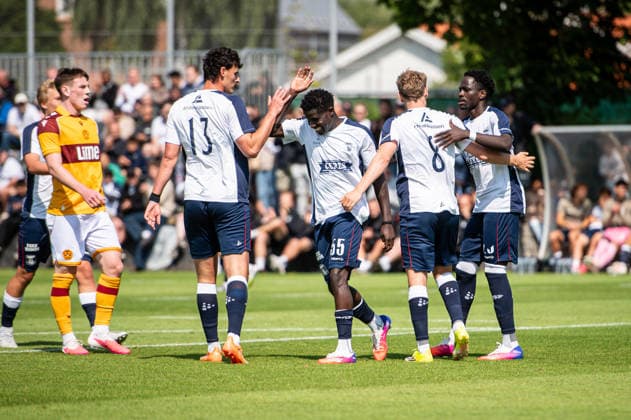 Aarhus GF v Motherwell FC, pre-season test match, Aarhus, Denmark Aarhus, Denmark. 05th, July 2026. (L-R) Janni Serra, Hamza Sengooba, Sebastian Jorgensen and James Bogere of Aarhus GF seen during a pre-season test match between Aarhus GF and Motherwell FC at the AGF training facility Fredensvang in Aarhus Denmark, Aarhus, Fredensvang  Copyright: xGonzalesxPhoto MortenxKjaerx