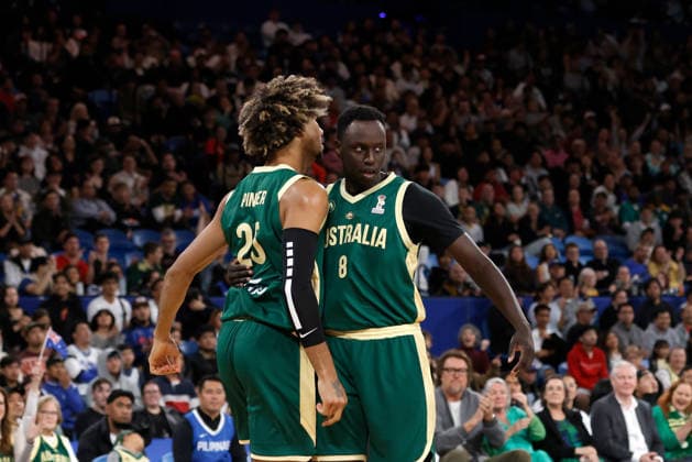 BASKETBALL AUSTRALIA PHILIPPINES, Keanu Pinder and Wani Swaka Lo Buluk of the Australian Boomers celebrate a basket during the World Cup qualifier basketball match between Australia and the Philippines at RAC Arena in Perth, Monday, July 6, 2026. ( NO ARCHIVING, EDITORIAL USE ONLY PERTH WESTERN AUSTRALIA AUSTRALIA  Copyright: xRICHARDxWAINWRIGHTx 20260706144729534872