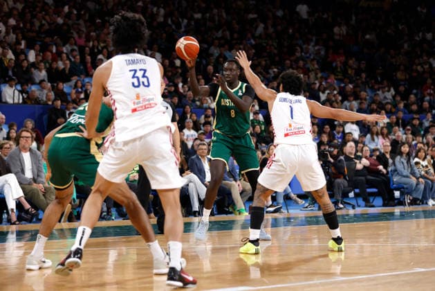BASKETBALL AUSTRALIA PHILIPPINES, Wani Swaka Lo Buluk of the Australian Boomers passes the ball during the World Cup qualifier basketball match between Australia and the Philippines at RAC Arena in Perth, Monday, July 6, 2026. ( NO ARCHIVING, EDITORIAL USE ONLY PERTH WESTERN AUSTRALIA AUSTRALIA  Copyright: xRICHARDxWAINWRIGHTx 20260706185224042666