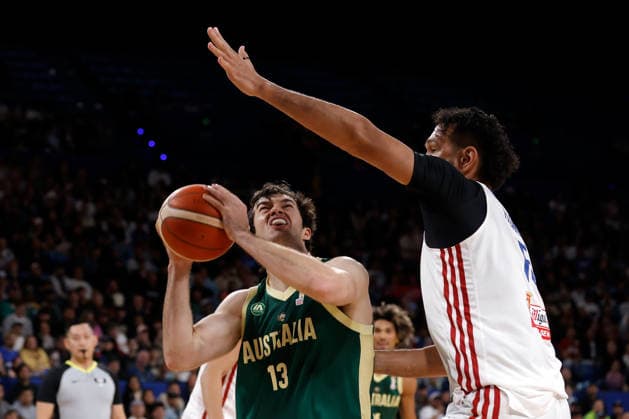 BASKETBALL AUSTRALIA PHILIPPINES, Josh Bannan of the Australian Boomers puts up a shot during the World Cup qualifier basketball match between Australia and the Philippines at RAC Arena in Perth, Monday, July 6, 2026. ( NO ARCHIVING, EDITORIAL USE ONLY PERTH WESTERN AUSTRALIA AUSTRALIA  Copyright: xRICHARDxWAINWRIGHTx 20260706187510112122