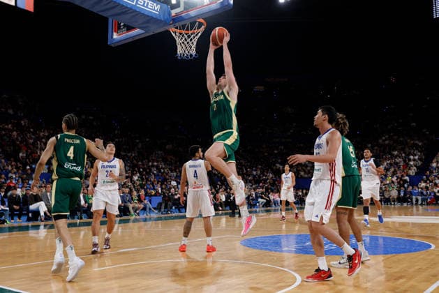 BASKETBALL AUSTRALIA PHILIPPINES, Josh Bannan of the Australian Boomers drives to the basket during the World Cup qualifier basketball match between Australia and the Philippines at RAC Arena in Perth, Monday, July 6, 2026. ( NO ARCHIVING, EDITORIAL USE ONLY PERTH WESTERN AUSTRALIA AUSTRALIA  Copyright: xRICHARDxWAINWRIGHTx 20260706112549839666