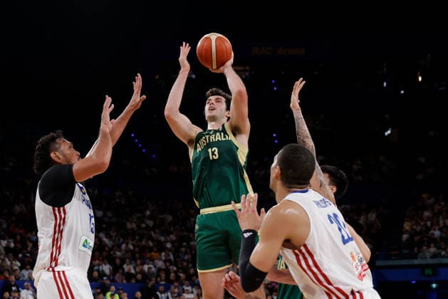 BASKETBALL AUSTRALIA PHILIPPINES, Josh Bannan of the Australian Boomers puts up a shot during the World Cup qualifier basketball match between Australia and the Philippines at RAC Arena in Perth, Monday, July 6, 2026. ( NO ARCHIVING, EDITORIAL USE ONLY PERTH WESTERN AUSTRALIA AUSTRALIA  Copyright: xRICHARDxWAINWRIGHTx 20260706192505623291