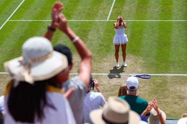 Marta Kostyuk celebrates victory in her fourth round match Wimbledon Tennis Championships, Day 8, The All England Lawn Tennis and Croquet Club, London, UK - 06 Jul 2026London The All England Lawn Tennis and United Kingdom  Copyright: xJamesxMarsh Shutterstockx 16978026ap